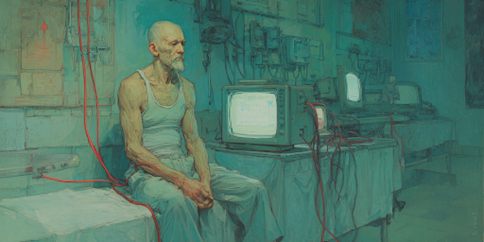 A preserved man in a lab sits lifelessly among machines, representing the emptiness of biological immortality.