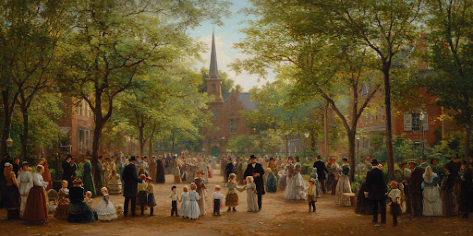 Families gather in clusters in a town square, representing the family proclamation by divine design.