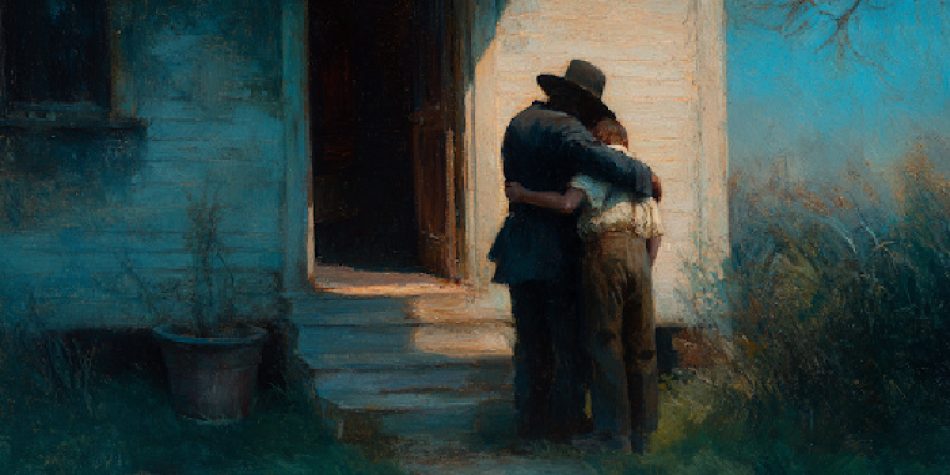 A father embraces his son at a doorway, symbolizing repentance as the beginning of relational healing.