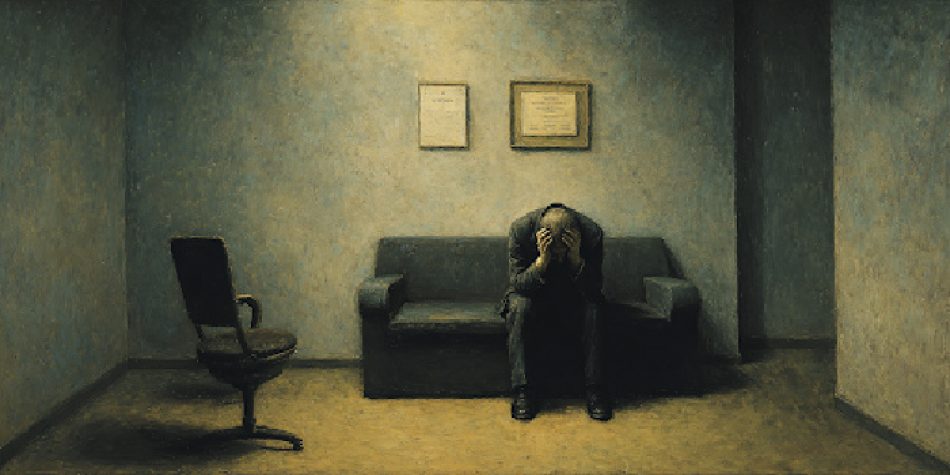 A therapist sits in despair on the therapy sofa beneath credentials, the empty chair representing therapist divorce.