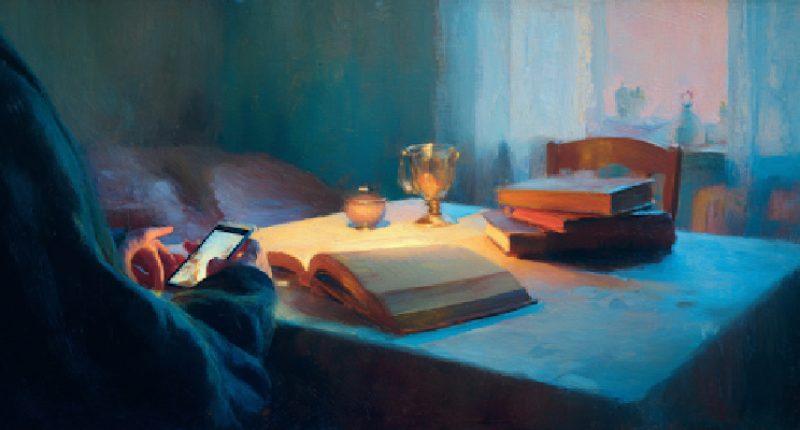 A softly lit room contrasts a glowing device and an open book, evoking tension between AI and faith.