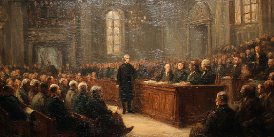 Elias Boudinot stands to speak in the 1789 House, with sunlit desks and attentive lawmakers around him.