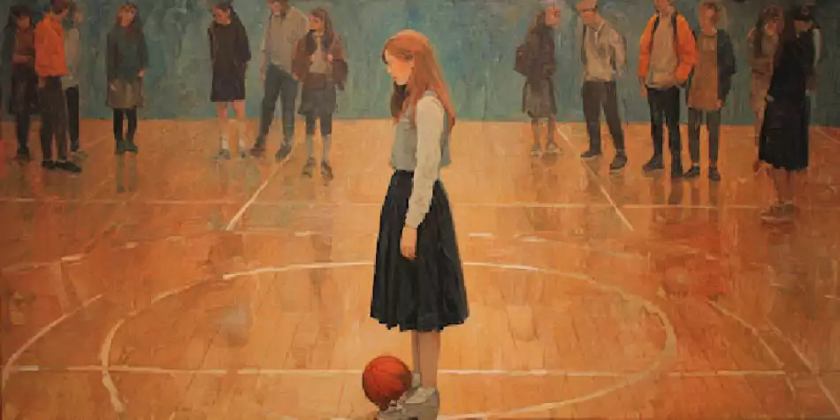 A student isolated on a court while peers whisper, symbolizing the cruelty of blame culture.