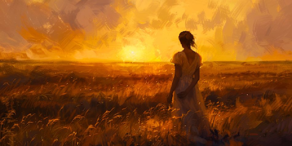 A woman contemplates in a field at dusk, symbolizing personal lament and spiritual resilience.
