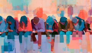 Teenagers absorbed in glowing devices evoke concerns that led to the App Store Accountability Act.