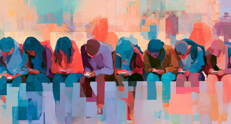 Teenagers absorbed in glowing devices evoke concerns that led to the App Store Accountability Act.