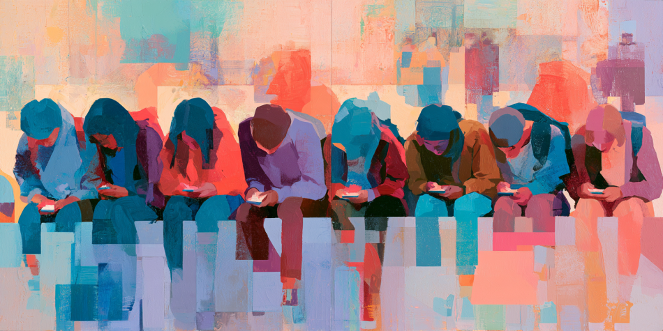 Teenagers absorbed in glowing devices evoke concerns that led to the App Store Accountability Act.